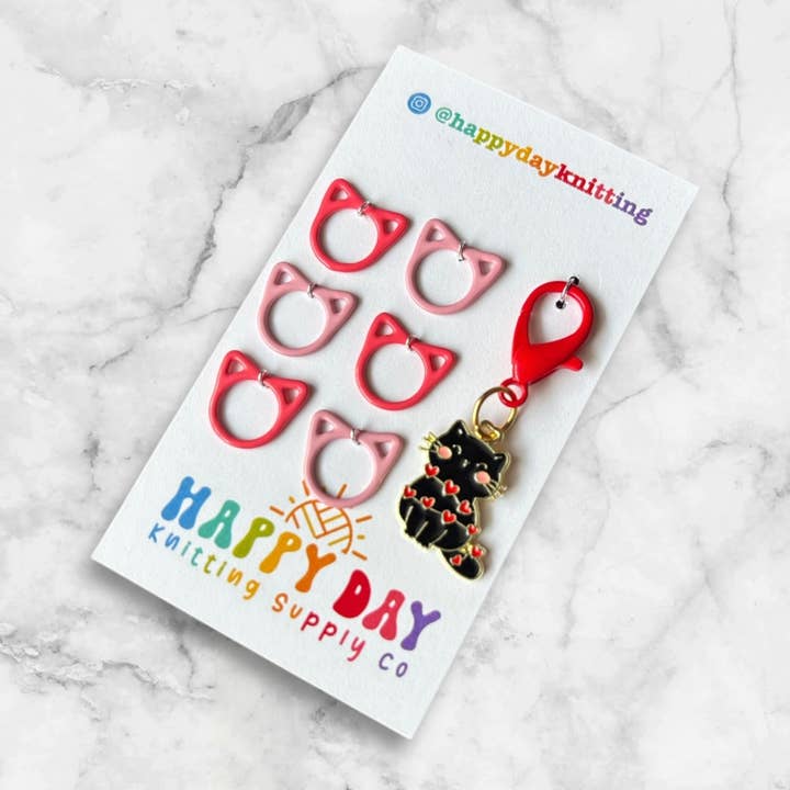 Black Cat Stitch Marker with Cat Rings, Not for Crochet for wholesale by Happy Day Knitting