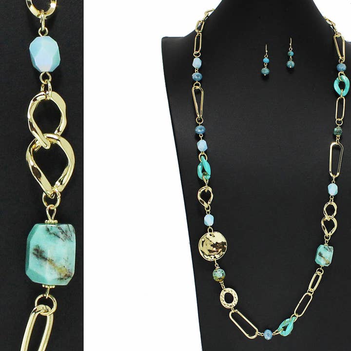 SOPHIA WHOLESALE - Wholesale Beaded/Pearl Necklace - Hammered Metal Accent w Celluloid Acetate Long NK