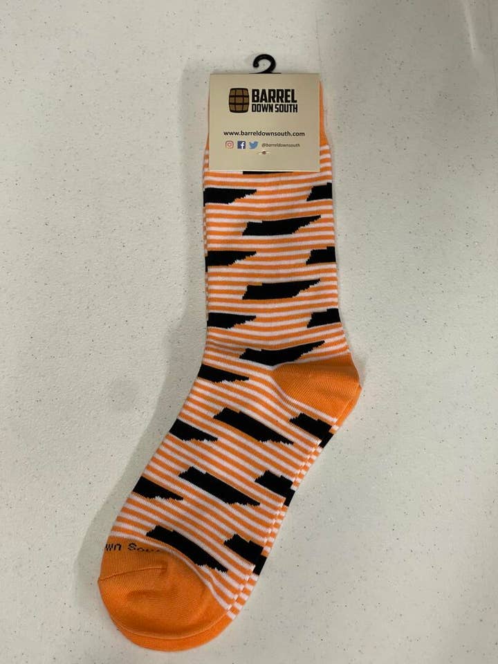 Barrel Down South - Wholesale Socks - Unisex - Tennessee Orange and White Stripe Black TN Shape Socks0