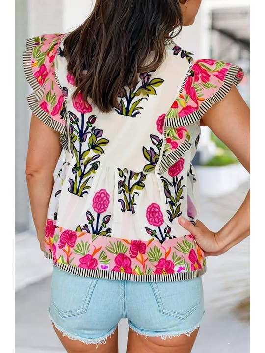 As shown Sassy Floral Print V Neck Ruffled Sleeve Blouse | S-XL for wholesale on Faire