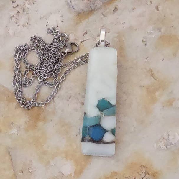 Fused Glass Turquoise and Cream Reactive Pendant Wholesale for wholesale by Mellyn's