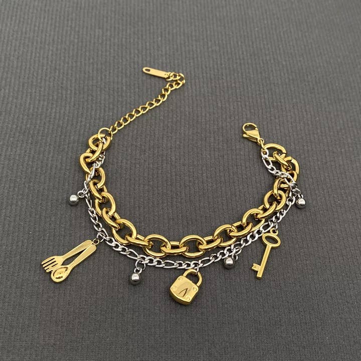 Mio Queena - Wholesale Charm/Dangle Bracelet - Two Tone 18K Gold Plated SS Double-layer Charm Bracelet - FGS1