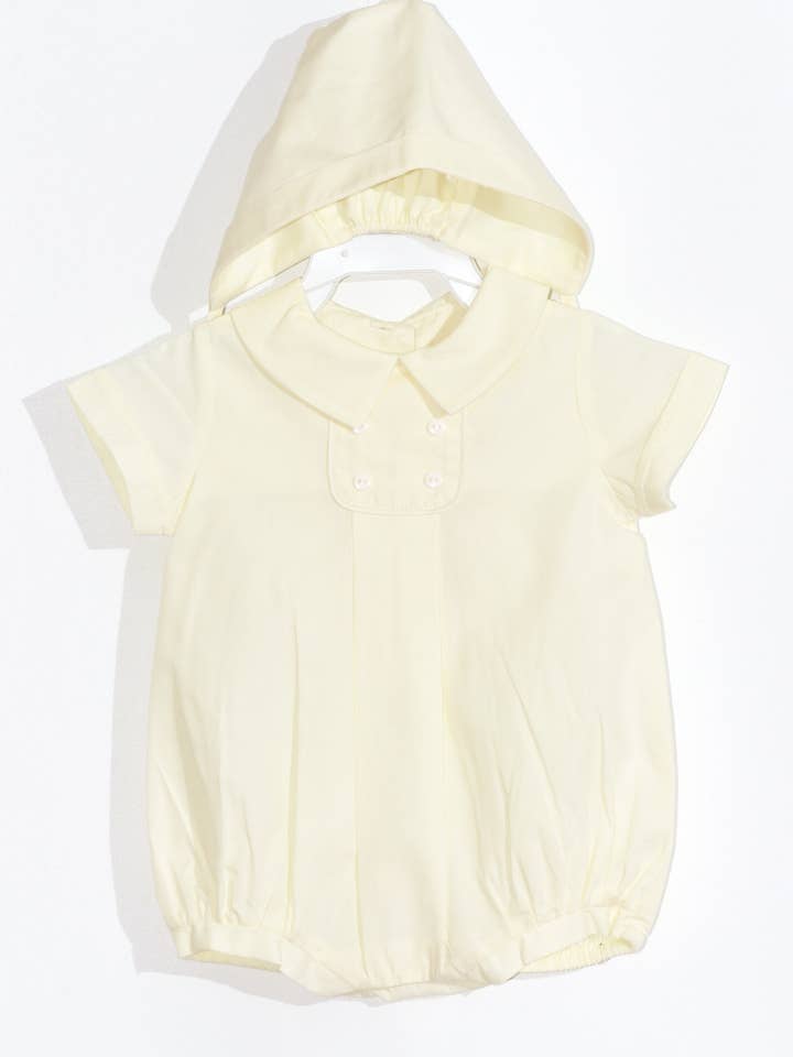 Light Yellow Boy Button Tab Bubble and Bonnet for wholesale by Hello Bebes!