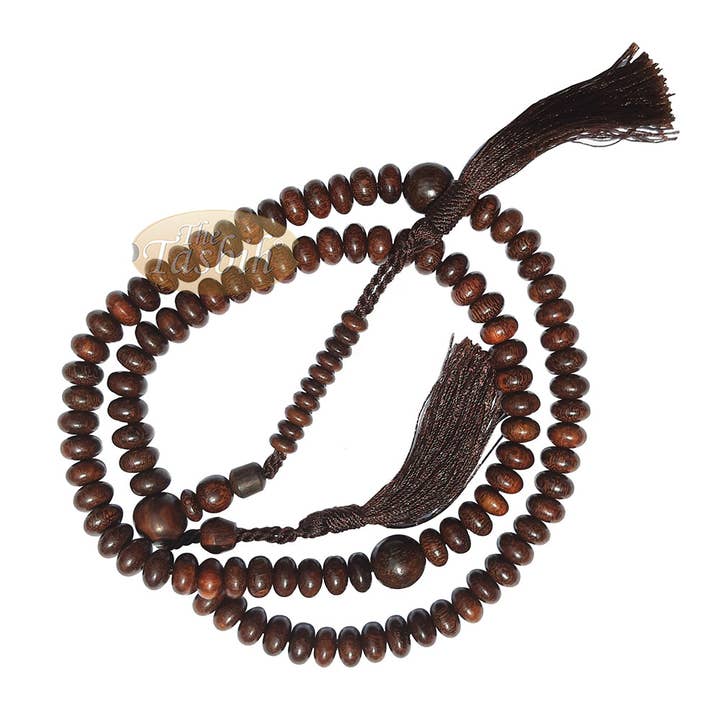 99 cuentas de tamarindo Tasbih ovaladas planas de 6 x 9 mm con borlas marrones para venta al por mayor de IndoMode