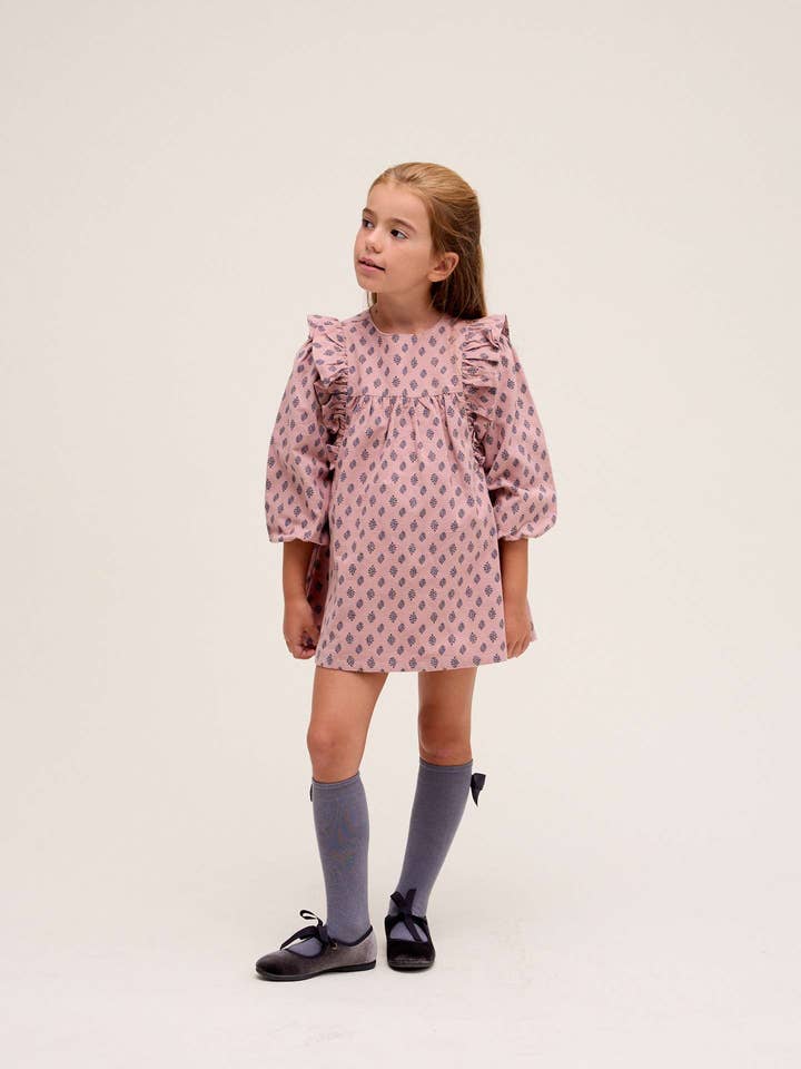 Pink girl's dress with blue leaf print for wholesale by Dadati