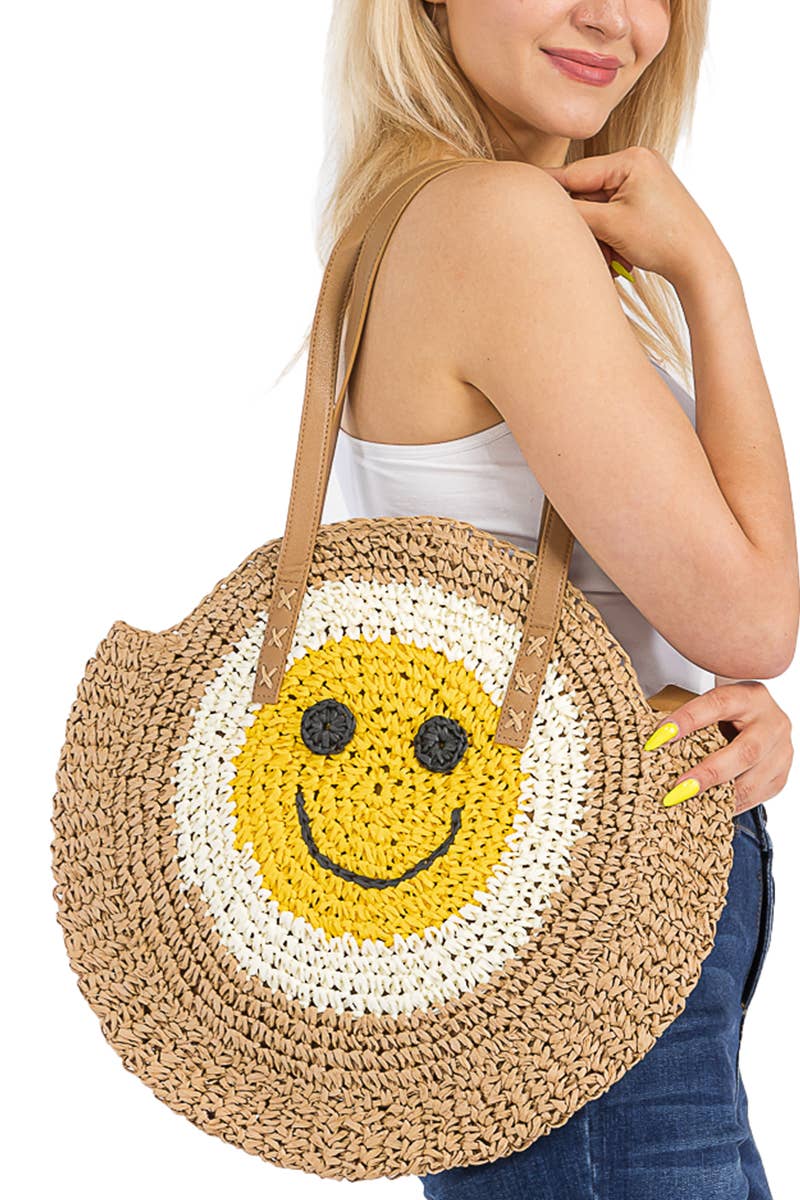 Cap Zone - Vendita all'ingrosso Borsa da spiaggia - Borsa da spiaggia rotonda in rattan con faccina sorridente16