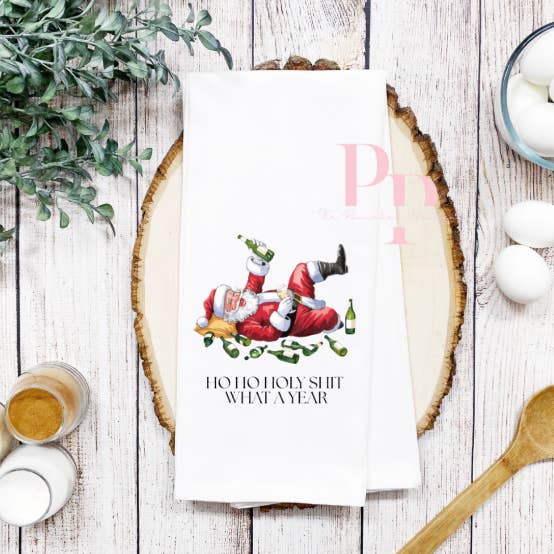 HO ho holy Sh1t what a year funny tea towel for wholesale by The Panicked Pelican