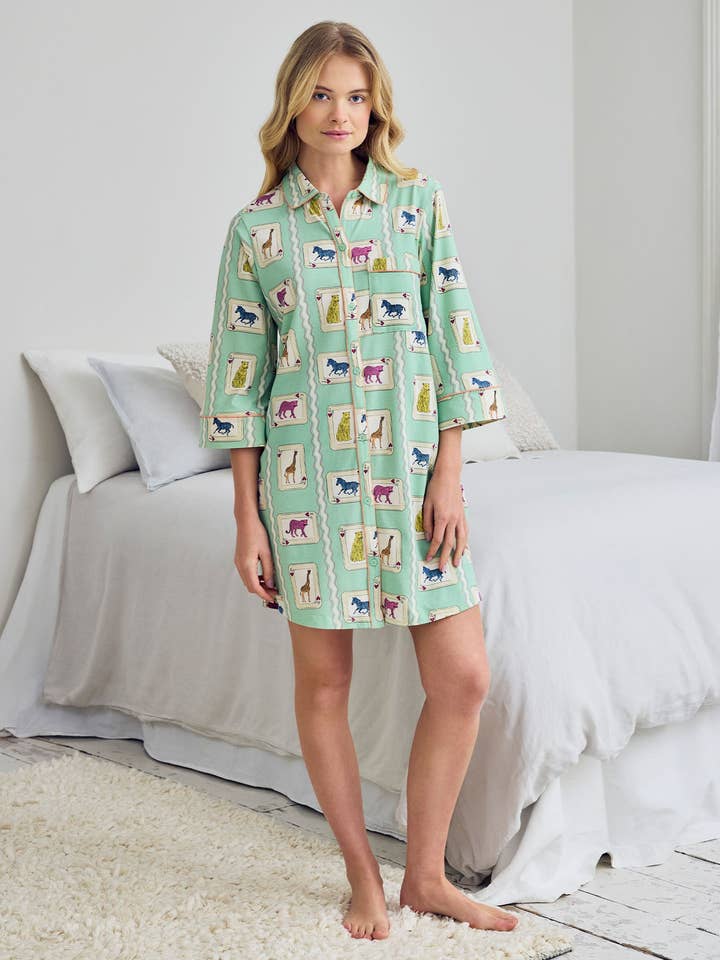 Organic Cotton Playing Card Animals Print Nightshirt for wholesale by Chelsea Peers