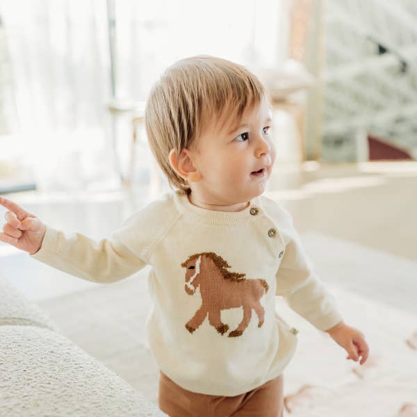 Natural Horse Jacquard Sweater Knit Baby Pullover (Organic Cotton) for wholesale on Faire10