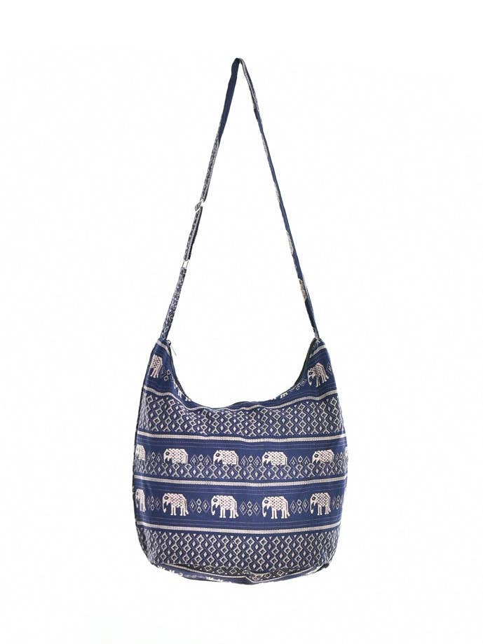 Bohotusk Blue Elephant Cotton Sling Skuldertaske Justerbar rem med lynlås lukning for engroshandel hos Bohotusk