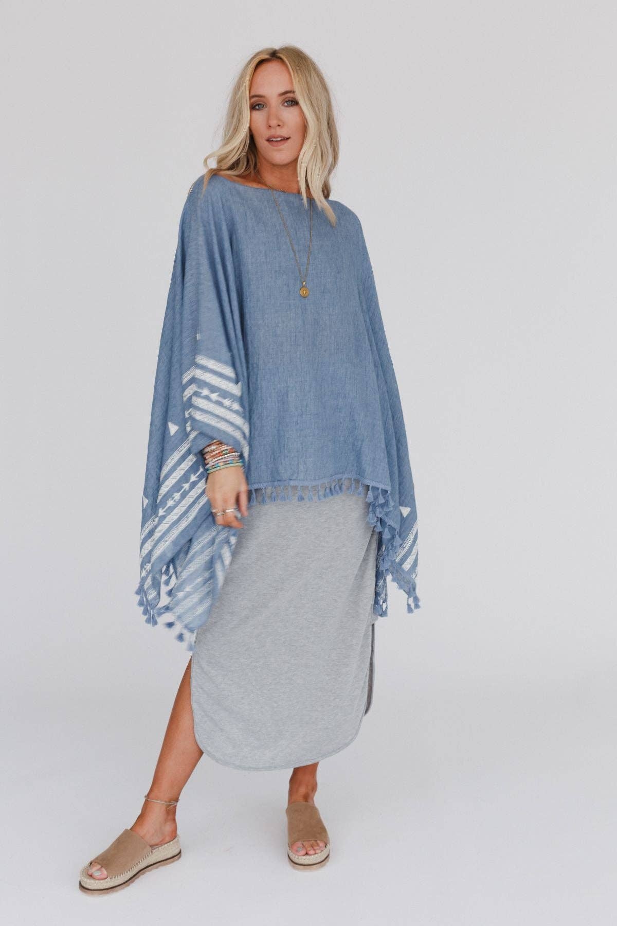 Three Bird Nest - Wholesale Poncho - Women's - Fallon Embroidered Sleeve Tassel Poncho - Blue4