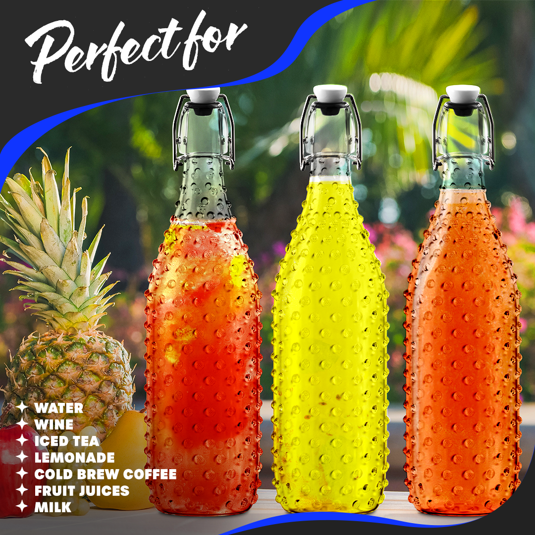 Nevlers - Wholesale Milk/Juice Bottle - Glass Swing Top Bottles - 33 oz. Dotted Design (Set of 6)4