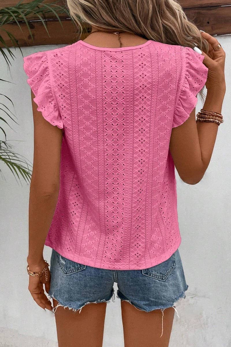 NINEXIS - Wholesale Blouse - Women's - CWTBLS0605_ ROUND NECK LACE RUFFLE SHORT SLEEVE BLOUSE TOP1