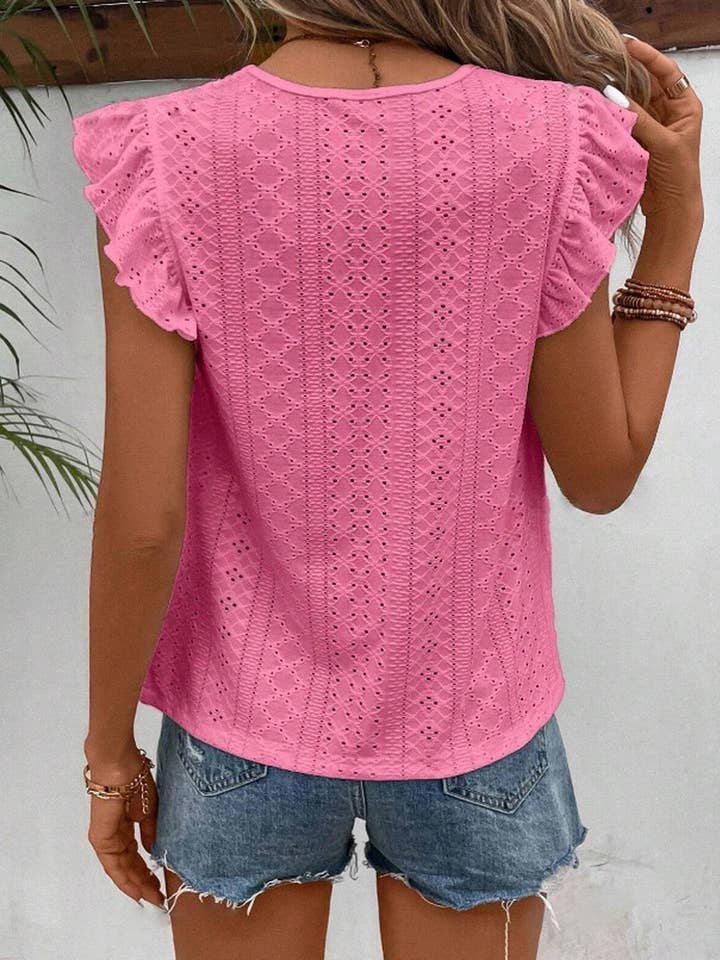 NINEXIS - Wholesale Blouse - Women's - CWTBLS0605_ ROUND NECK LACE RUFFLE SHORT SLEEVE BLOUSE TOP1