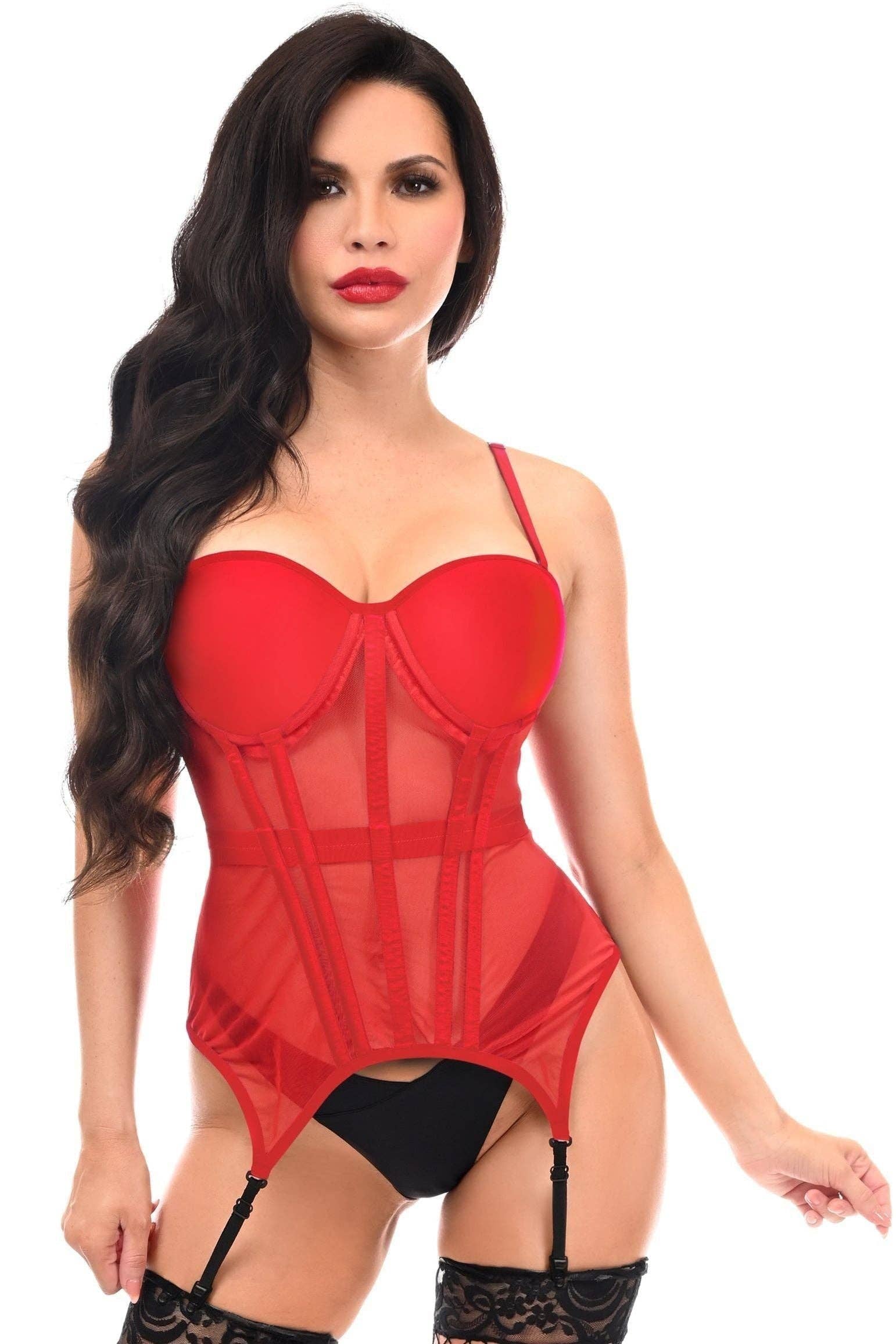 Daisy Corsets – wholesale Bustier – Women's – Lavish Red Mesh Underwire Bustier Corset w/Garters4