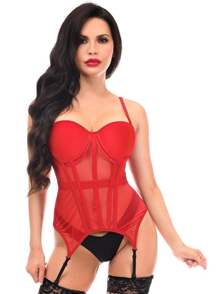Daisy Corsets – wholesale Bustier – Women's – Lavish Red Mesh Underwire Bustier Corset w/Garters4