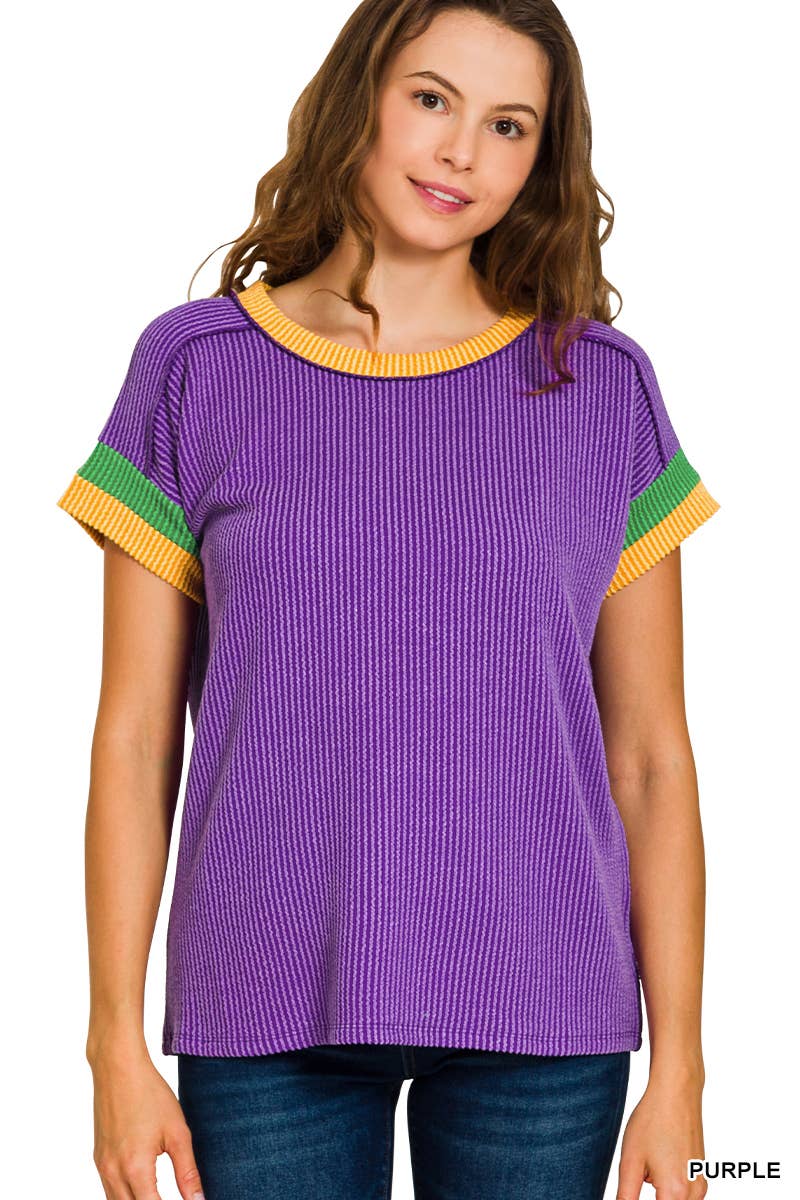 42POPS - Wholesale Knit Top - Women's - ,..._ Mardi Gras Tri-color Contrast Trim Top SI-288531