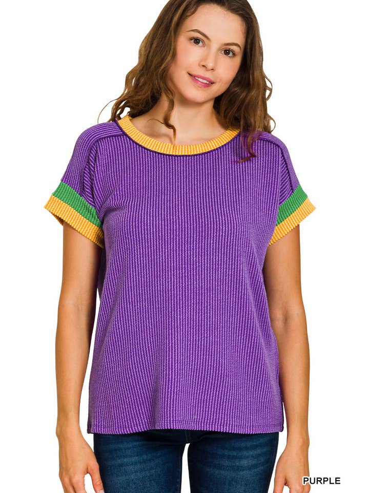 42POPS - Wholesale Knit Top - Women's - ,..._ Mardi Gras Tri-color Contrast Trim Top SI-288531