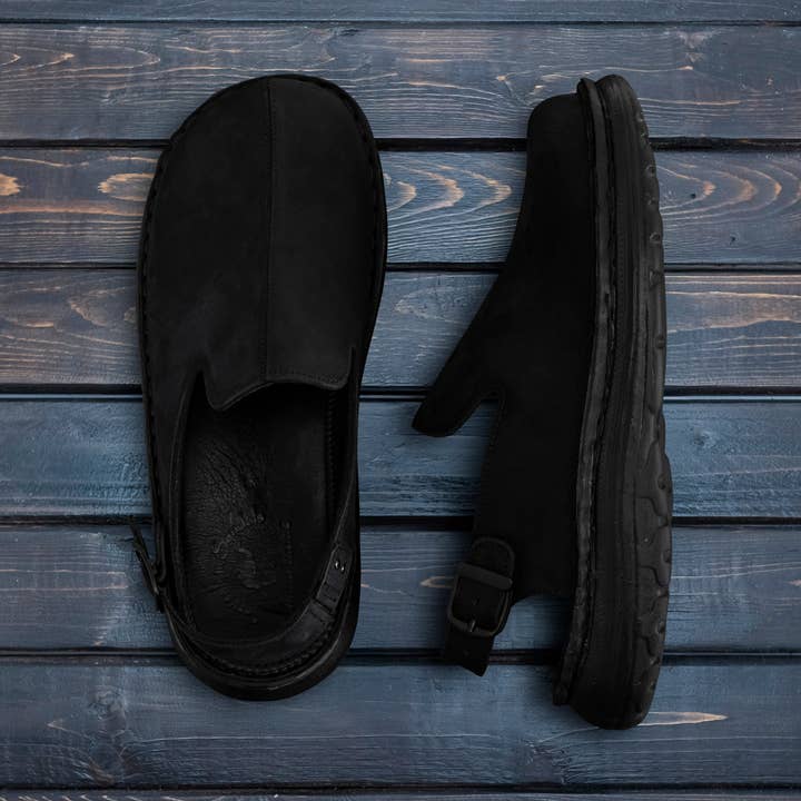 Ancre - Sabot en cuir à bride arrière | Nubuck noir pour la vente par Jerusalem Sandals