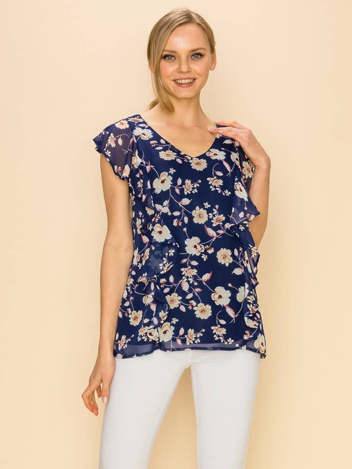 SP2919T-0819 - KVINDER BLOMSTRET V-HALS ÆRMELØS FLÆSE BLUSE for engroshandel hos Shopin LA