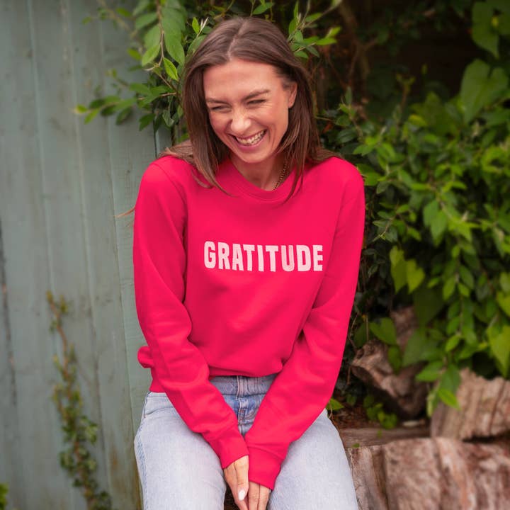 Premium Organic Embroidered 'Gratitude' Sweatshirt in Red for wholesale by Percy and Nell Retail Limited