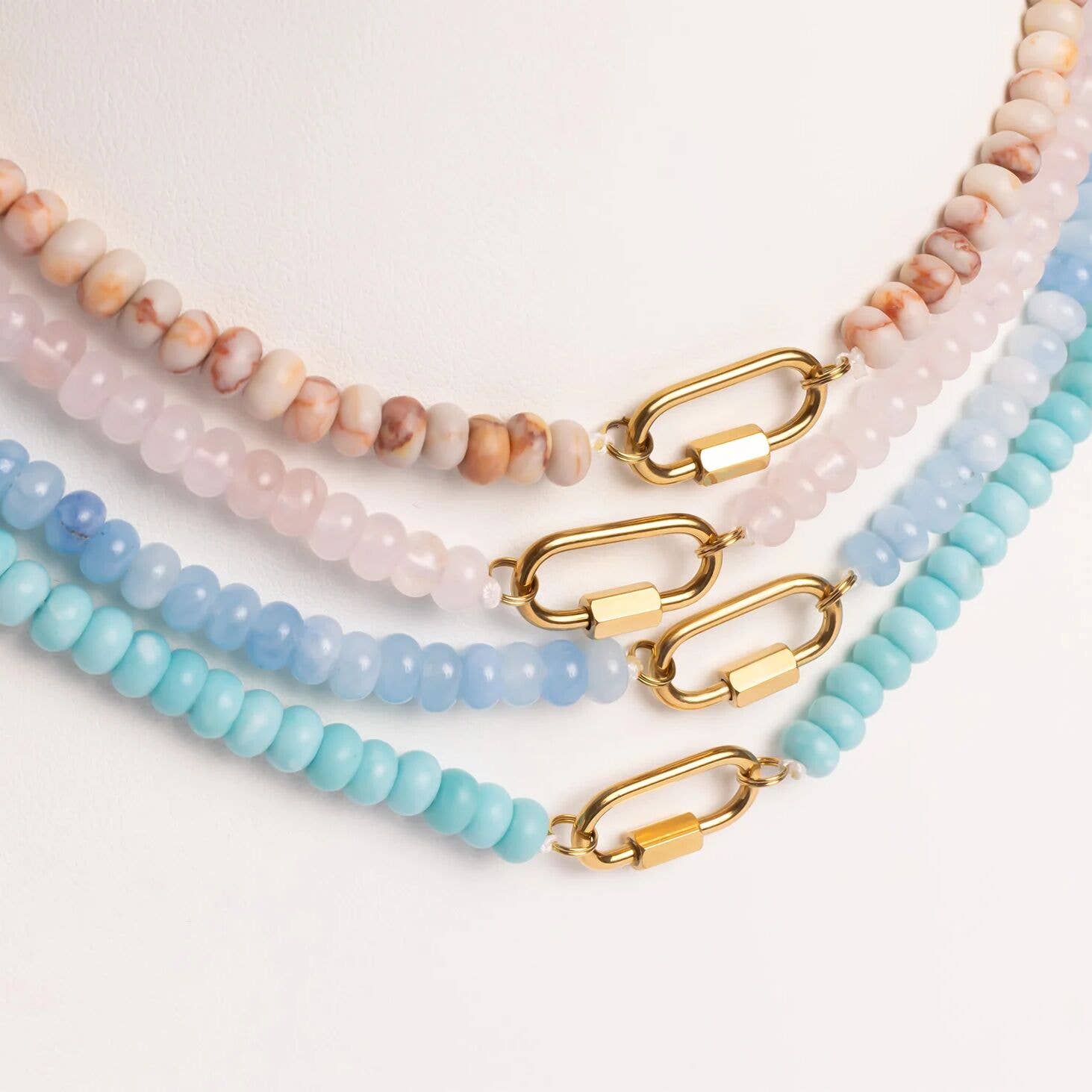 WJW - Wholesale Beaded/Pearl Necklace - Stainless Steel Pink Chunky Glass Bead Carabiner Necklace5