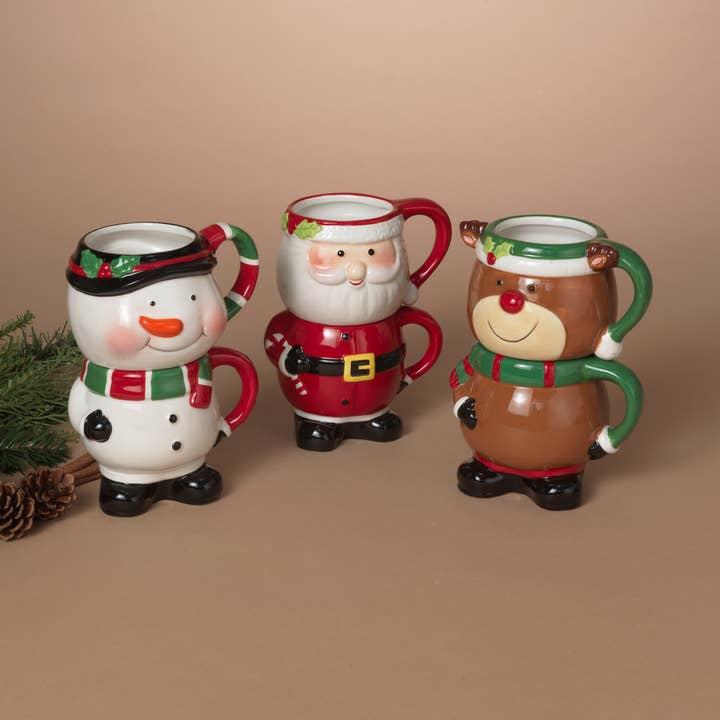 Gerson Christmas S/2 6.77"H Ceramic Holiday Figurine Mugs, 3 for wholesale by The Gerson Companies