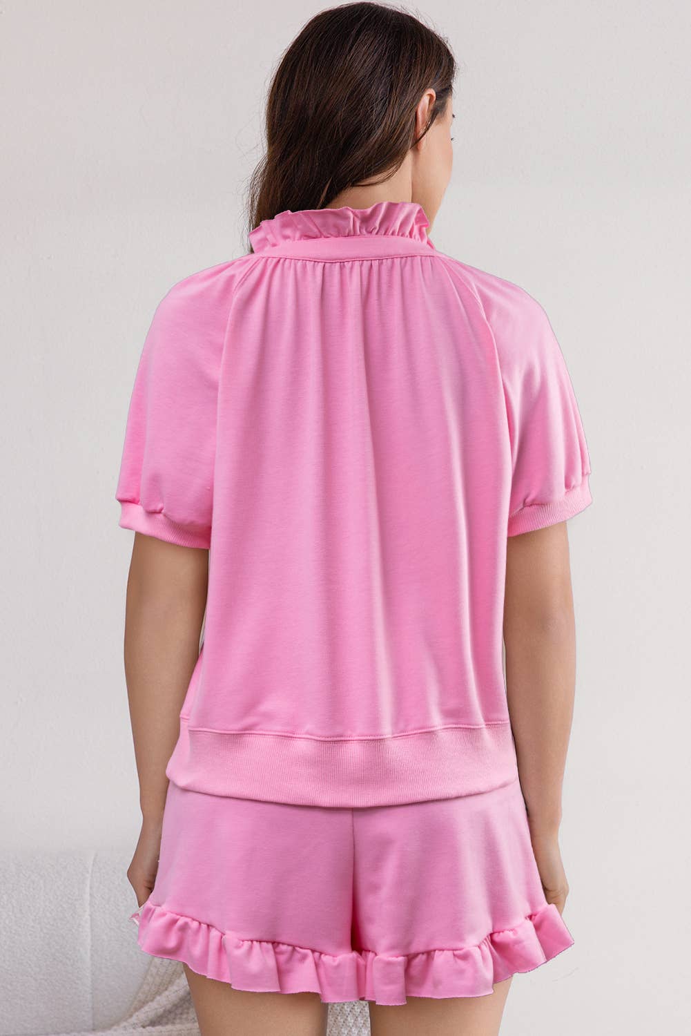 Pink Half Zip Puff Sleeve Top and Ruffled Shorts Set for wholesale on Faire1