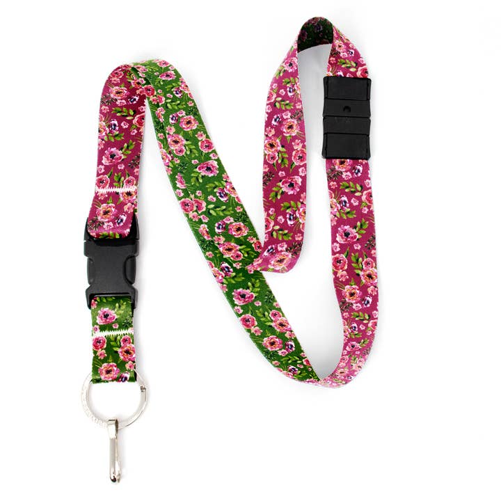 Peonies Pink Breakaway Lanyard - with Buckle and Flat Ring - Made in the USA for wholesale by Buttonsmith
