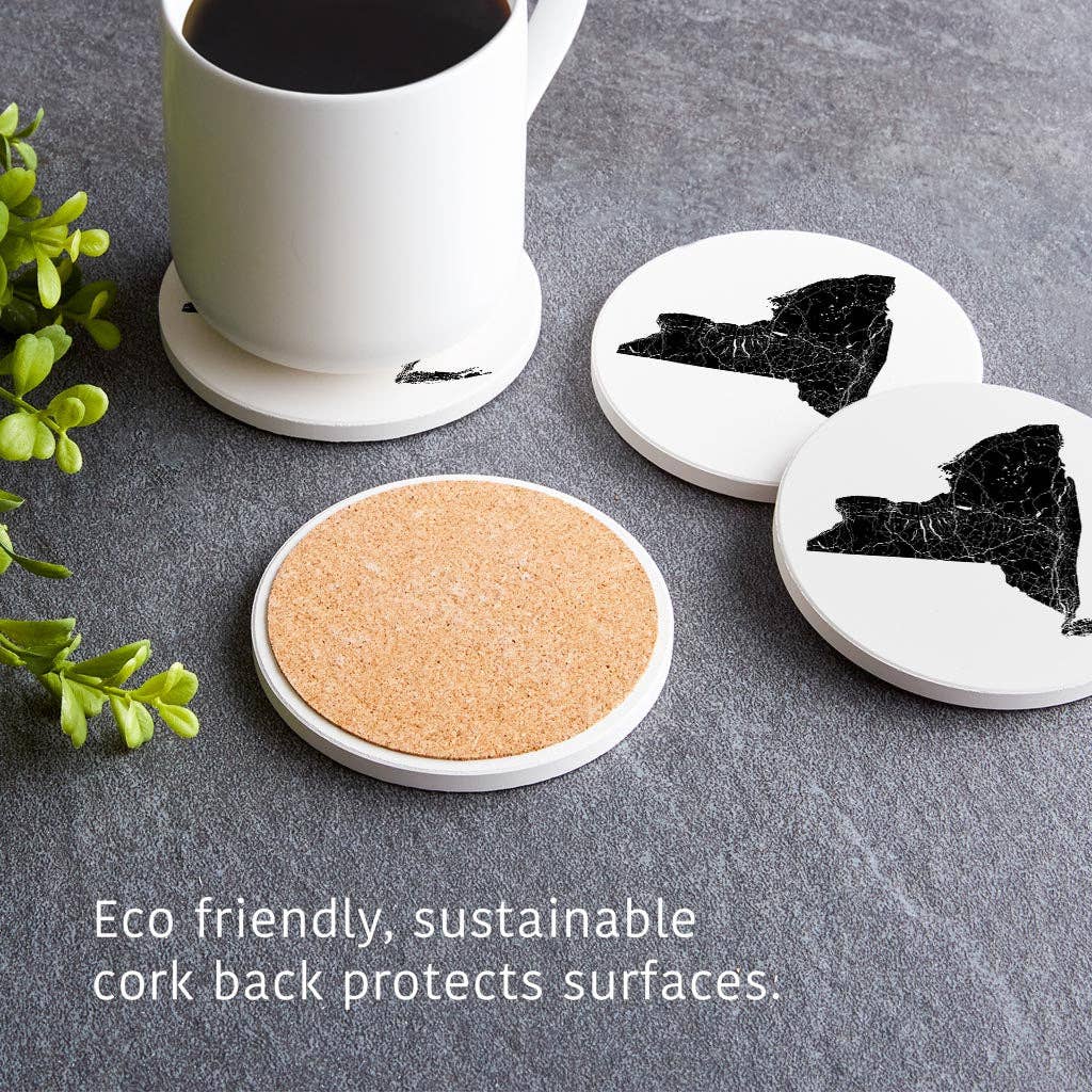 Love Local - Wholesale Coasters - Minimalistic B&W New York State With Map | Absorbent Coasters | Set of 4 | Min 24