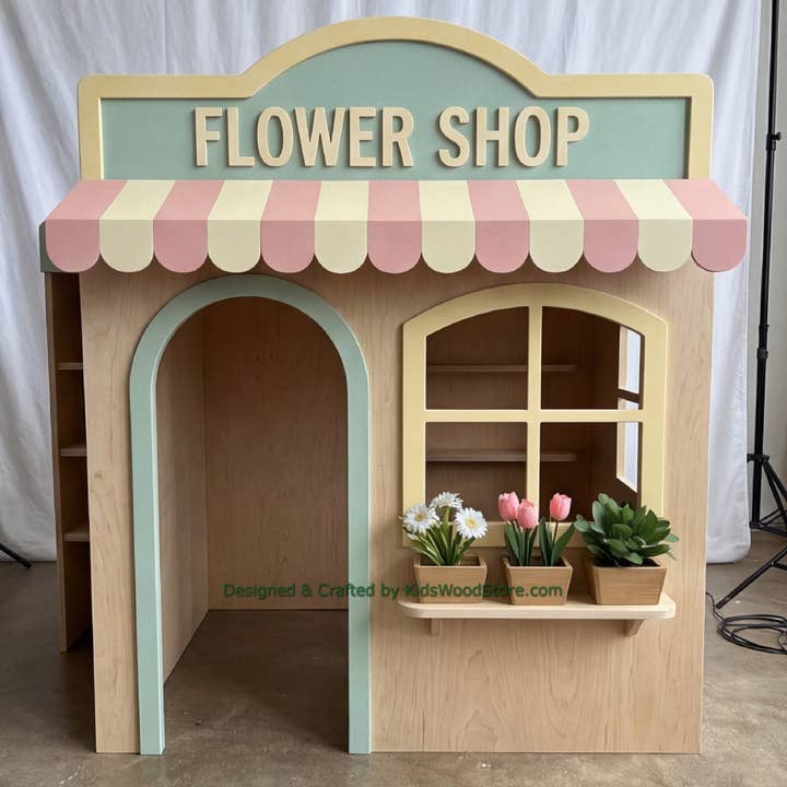 Wooden Flower Shop Playhouse + Furnitures for Kids | Personalized 20+ Themes | All-Inclusive Turnkey Project for wholesale by Kids Wood Store U.S. / EU.
