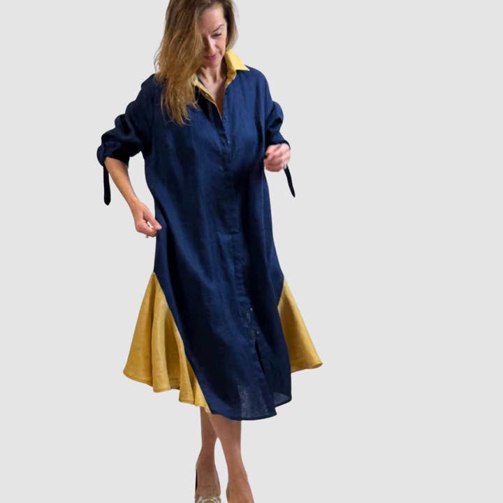 Abito camicia in lino con godet a contrasto per la vendita all'ingrosso da parte di Dawn Bacchus