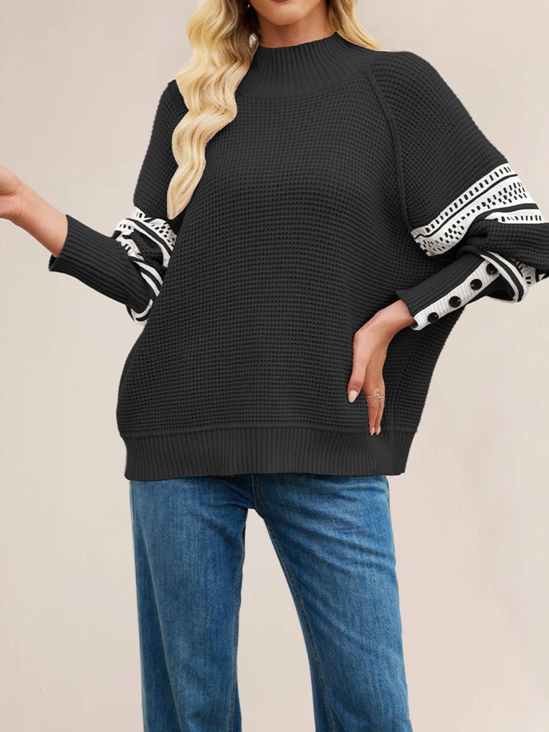 Wholesalesir - Wholesale Knit Sweater - Women's - Knitted Color Blocked Semi High Neck Pullover Sweater4