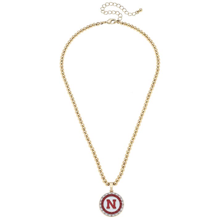 Nebraska Huskers Pave Disc Necklace in Shiny Gold for wholesale by Canvas Style