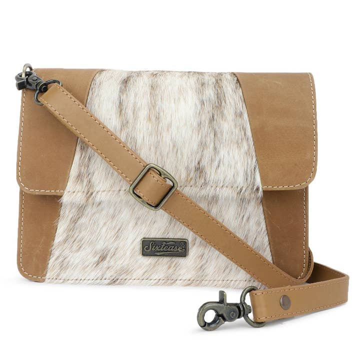 Leather and Cowhide Women's Crossbody Bag - Brown White for wholesale by Sixtease Bags USA