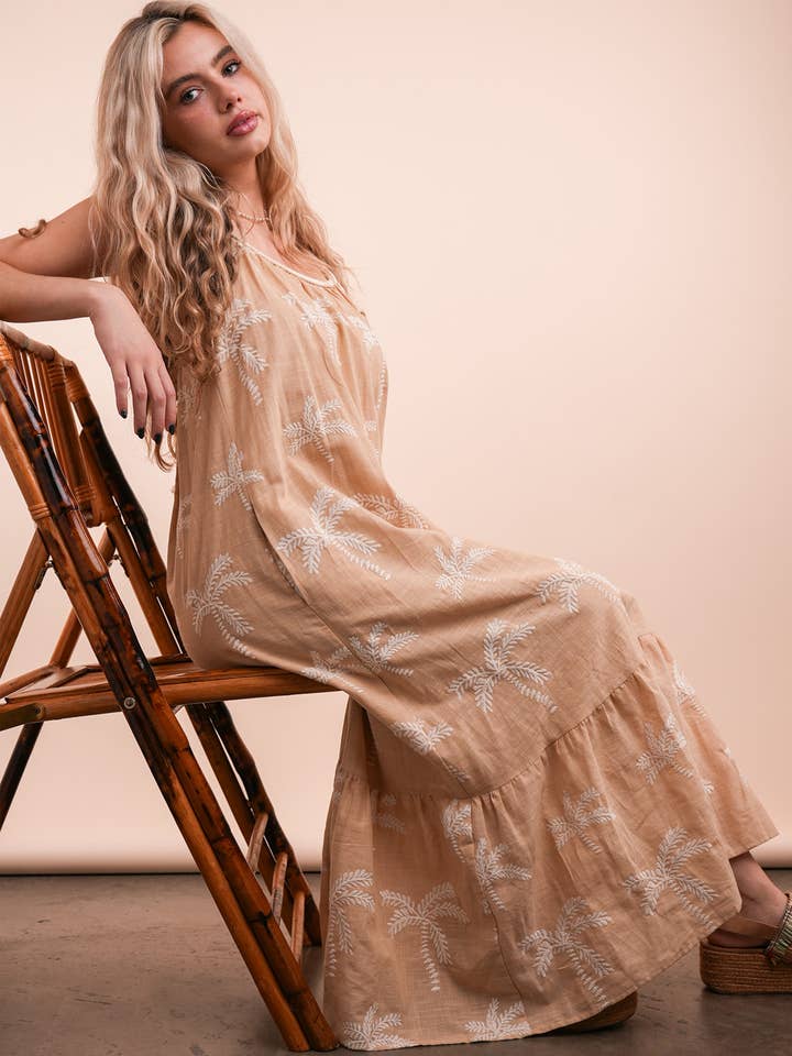 VERY J - Wholesale Dress - Women's - ND31675-Palm Tree Embroidered Summer Boho Midi Dress