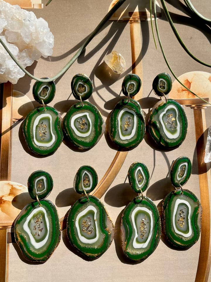Grande Emerald Agate Earrings for wholesale by Clay Bae Designs