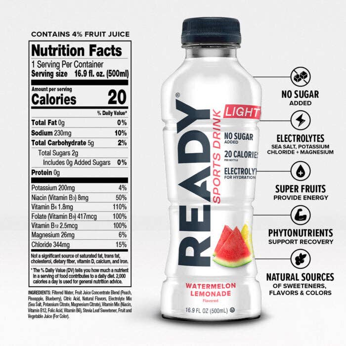 Ready - Wholesale Sports/Energy Drink - Ready® Sports Drink Light - Watermelon Lemonade (16.9oz, 12 pack)