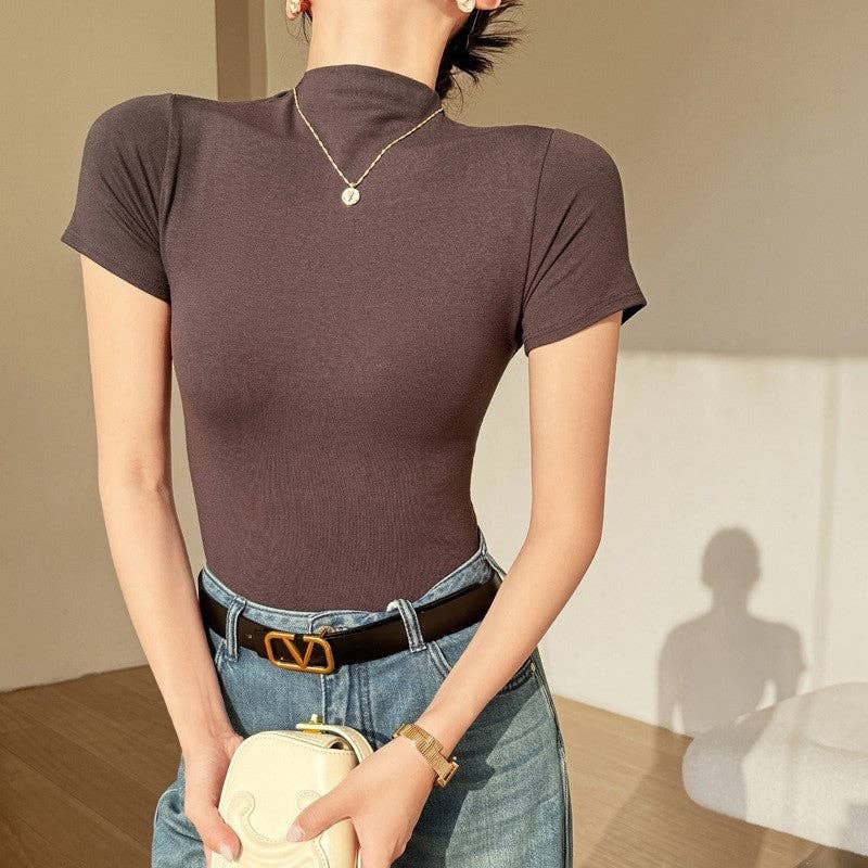 Sheer Trend - Wholesale T-Shirt - Women's - Modal High Neck Short Sleeve Tee With Classic Shoulder Design2