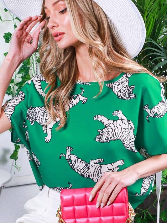 Boat Neck Short Sleeve Tiger Printed Blouse Top VT81823A for wholesale by Vine & Love