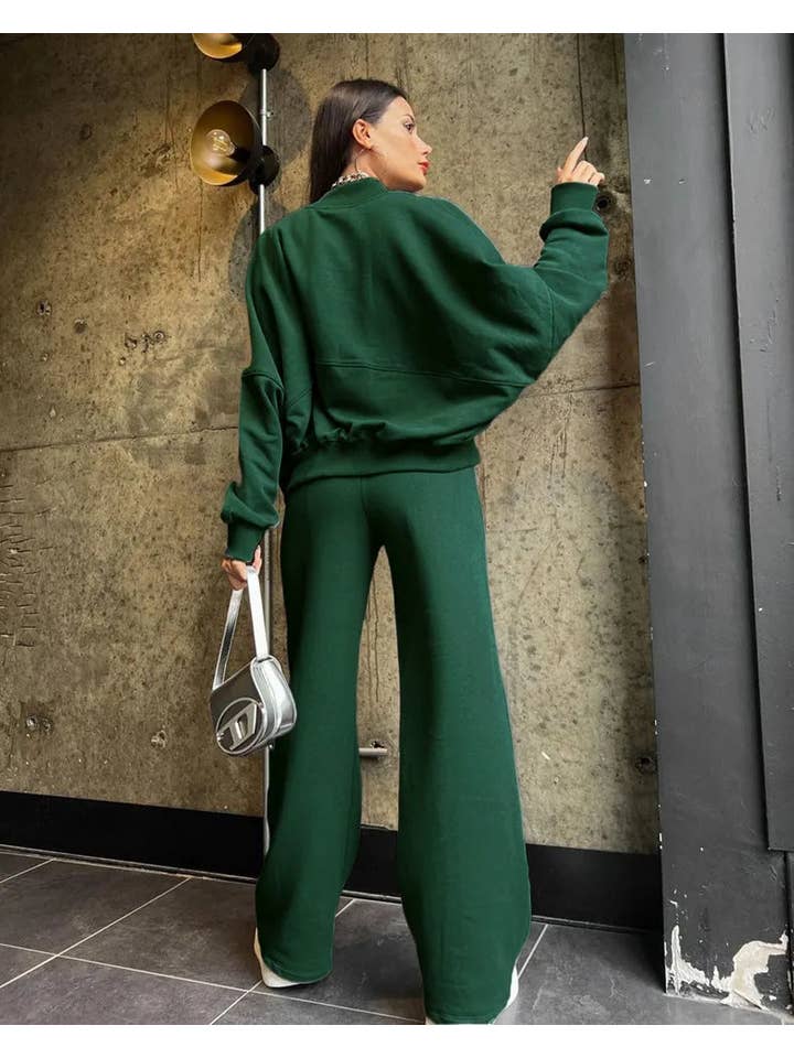 Vibesoothe - Venta al por mayor Conjuntos de top y pantalón (NO para estar en casa) - Mujer - Conjunto Urbano Chic - Cárdigan Verde con Cremallera y Pantalones