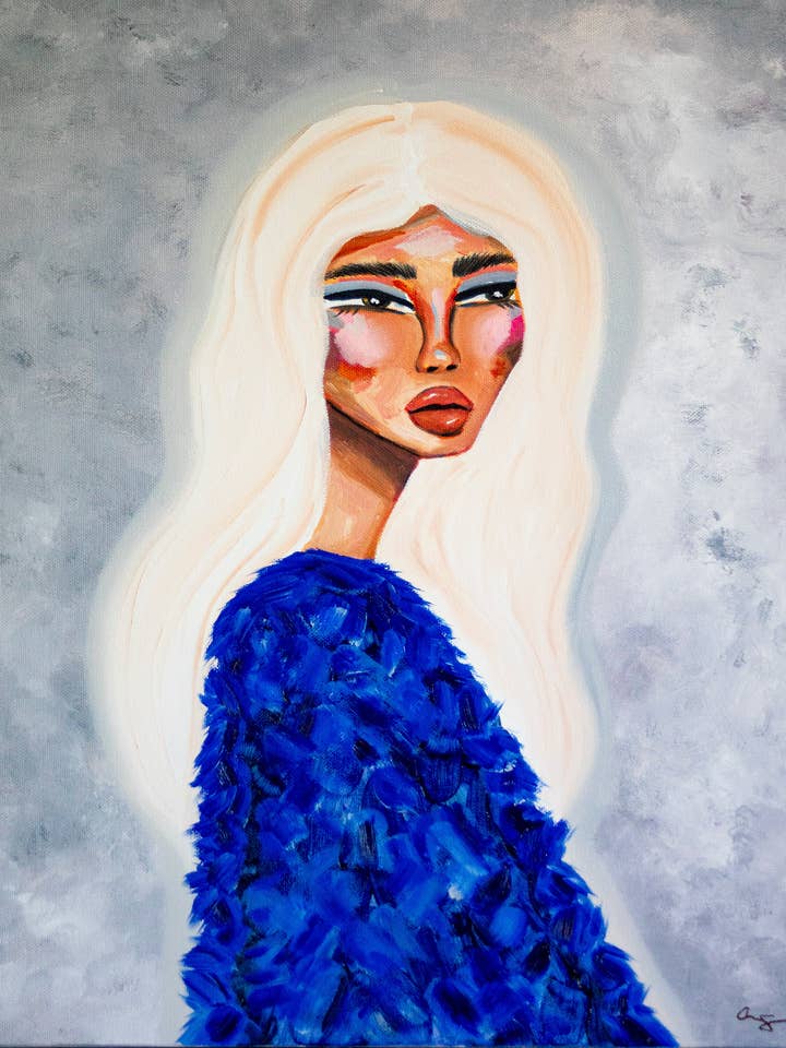 Blue Sweater Girl Fine Art Print, Fashion Painting for wholesale by Aim Straley Art