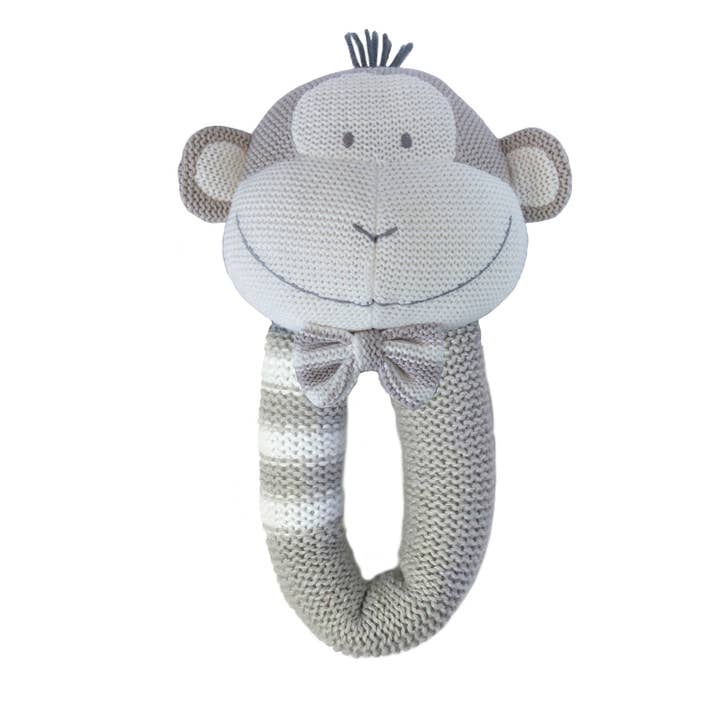 Hochet tricoté 100 % coton pour bébé - Joe le Singe | Cadeau de naissance pour la vente par Living Textiles