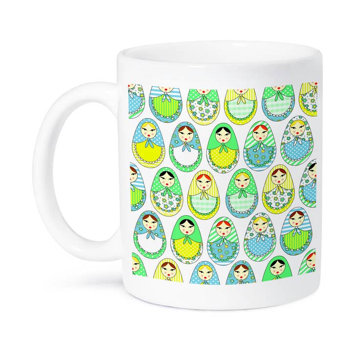 3dRose - Wholesale Coffee Mug - 3dRose, Cute Russian Matryoshka Nesting Dolls Print - Cool Colors White, Mug8
