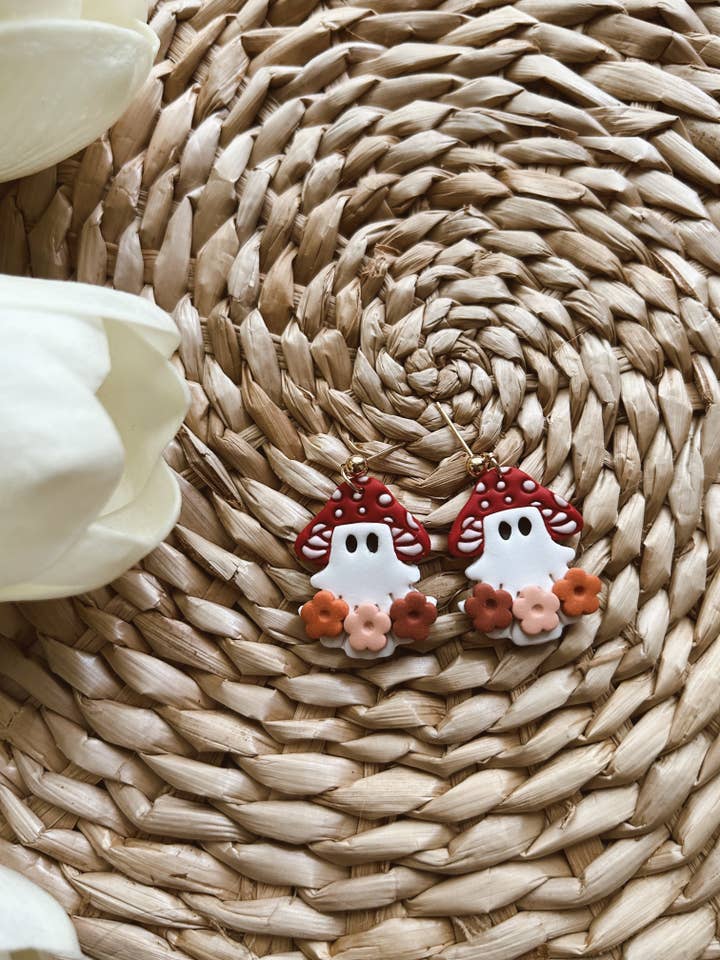 Boho Flower Mushroom Ghost | Polymer Clay Earrings for wholesale by Rachel Ray Co