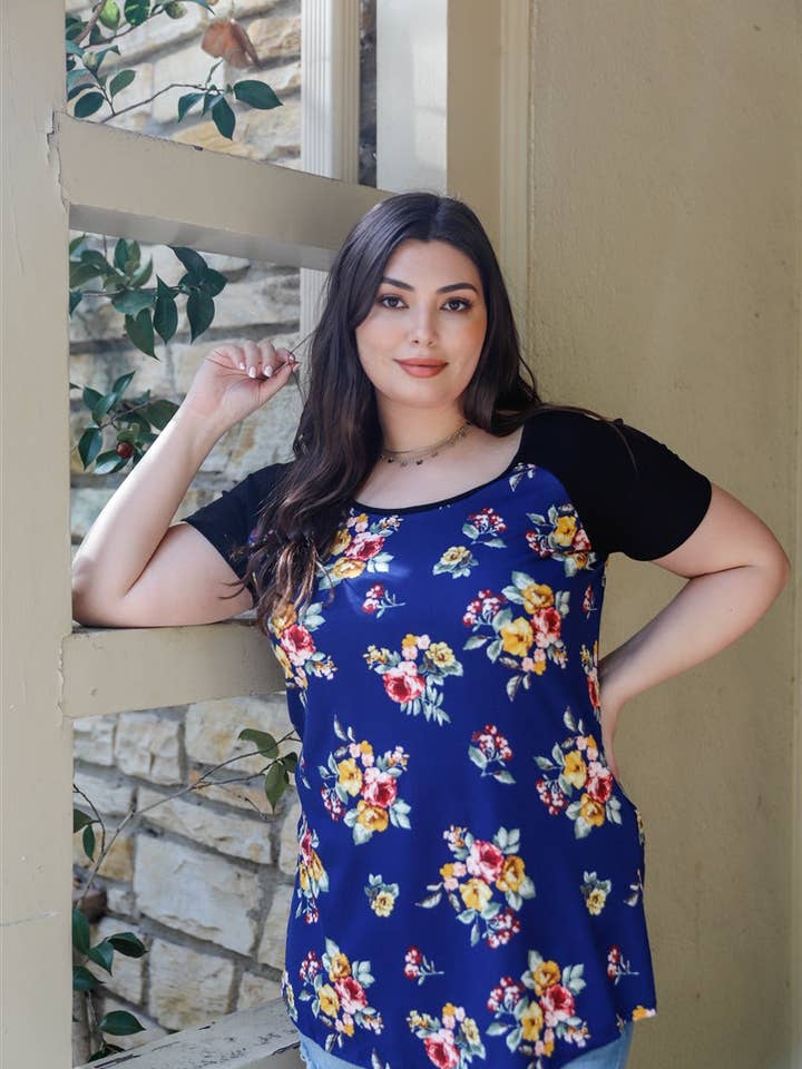 Plus Size Floral Print & Ribbed Black Colorblock Top for wholesale by CC Wholesale Clothing