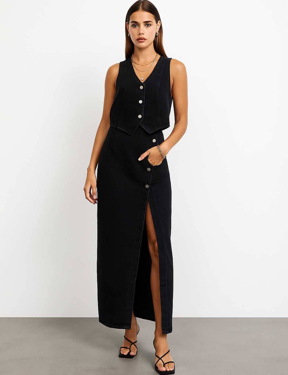 Sweetkama - Wholesale Top & Skirt Set - Women's - Ladies Denim Vest / Split Hem Skirt / Skirt Set 421914