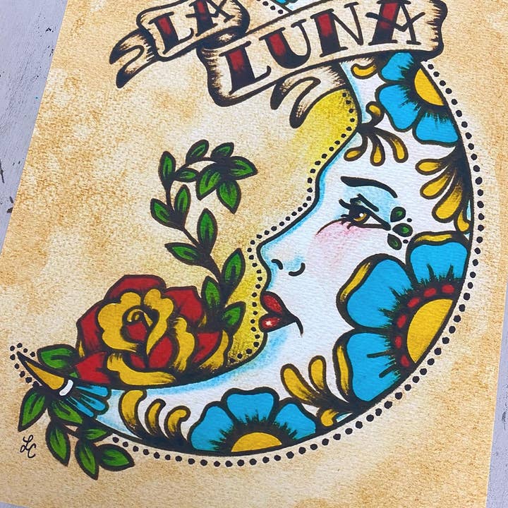 Traditional Tattoo Moon Art "La Luna" Loteria Art Print for wholesale by Illustrated Ink
