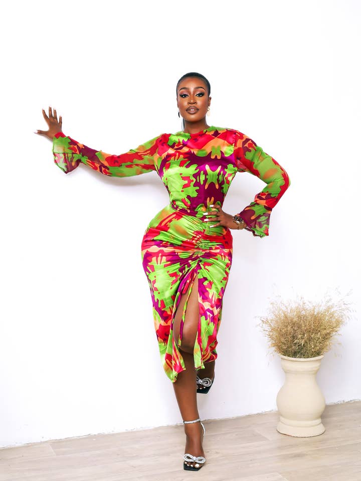 2 Pcs African Print Silk Long Sleeve Blouse and Drawstring Skirt Set - Fola for wholesale by CUMO London