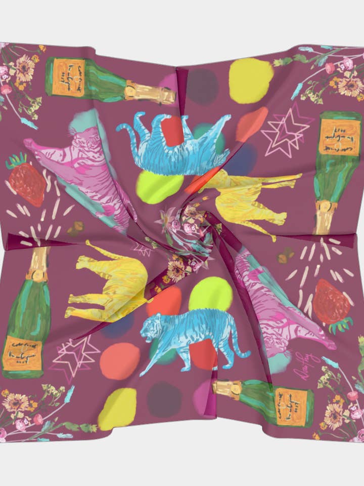 Scarf - "Flowers and Tigers and Bubbly! Oh My!" in Plum for wholesale by Dorothy Art